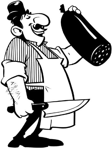 Butcher with large stick of bologna vinyl sticker. Customize on line.     Butchers 016-0117  